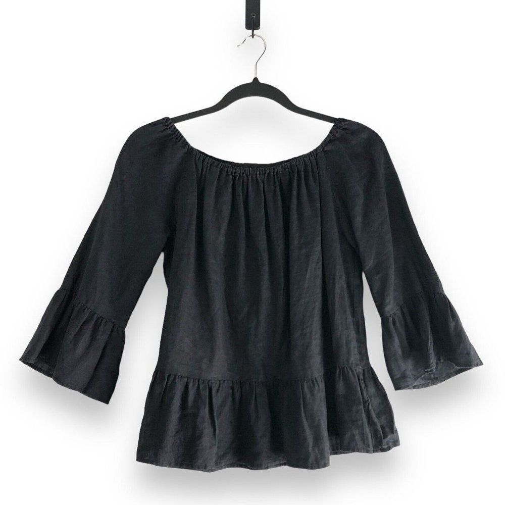 Plage‎ Japan Womens Size Large? Black Bell Sleeve Lagenlook Blouse Peplum Linen